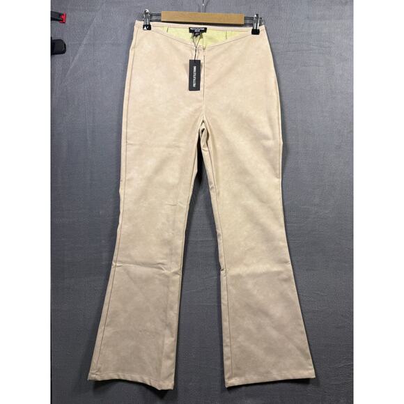 NWT Pretty Little Thing Petite Faux Leather Zip Front Flared Trousers Stone Sz 8 - Picture 5 of 10